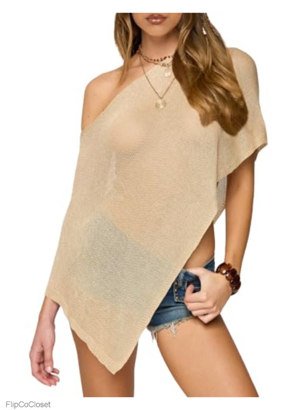 Sheer Knit Asymmetrical One Shoulder Poncho Wrap Top Lightweight Summer Shawl